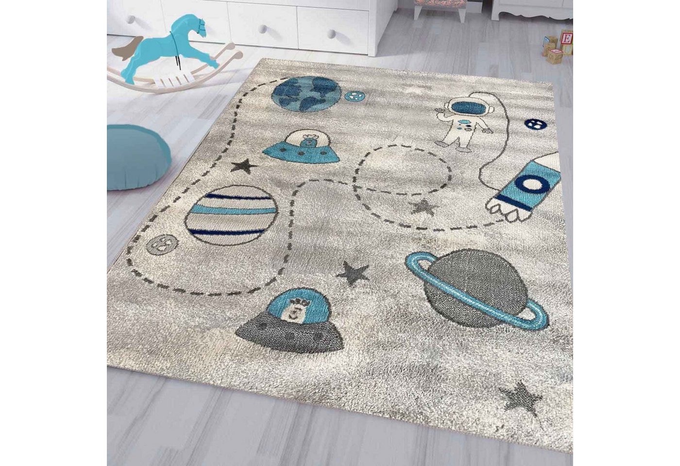 Vimoda Kinderteppich Astronaut in Grau und Blau, Rechteckig, Läufer mit Weltall Muster, Mond, Kinderzimmer, Spielzimmer – Bild 3 von 5