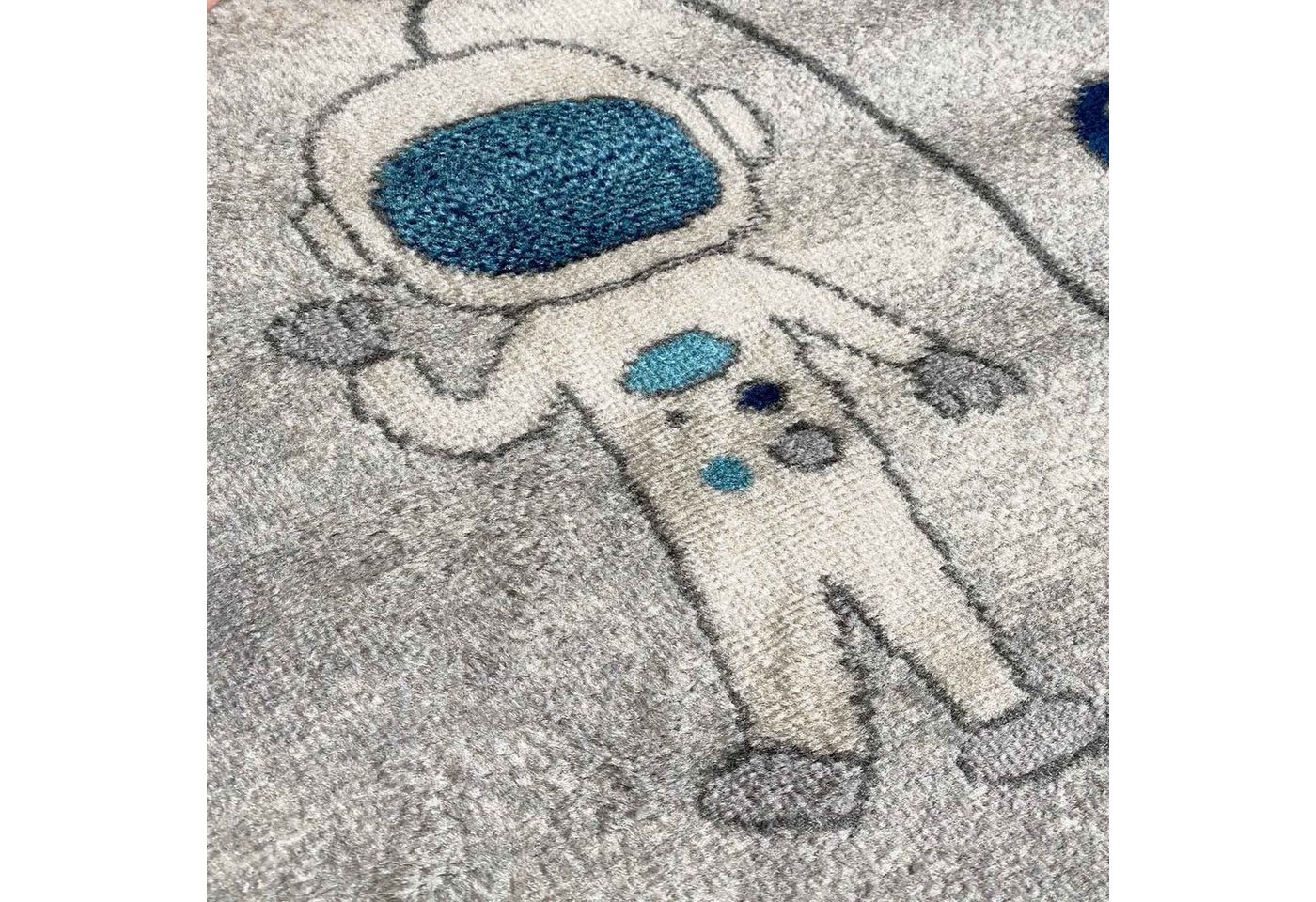 Vimoda Kinderteppich Astronaut in Grau und Blau, Rechteckig, Läufer mit Weltall Muster, Mond, Kinderzimmer, Spielzimmer – Bild 4 von 5