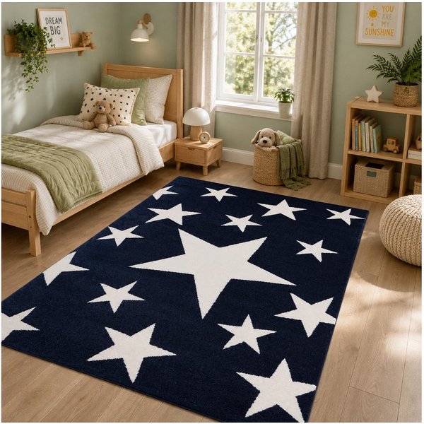 Vimoda Kinderteppich Blau Sterne, Teppich Kinderzimmer 160x230 & 120x170, Rechteckig, Höhe: 12 mm, Spielteppich, Kinderzimmer, Babyzimmer, Strern