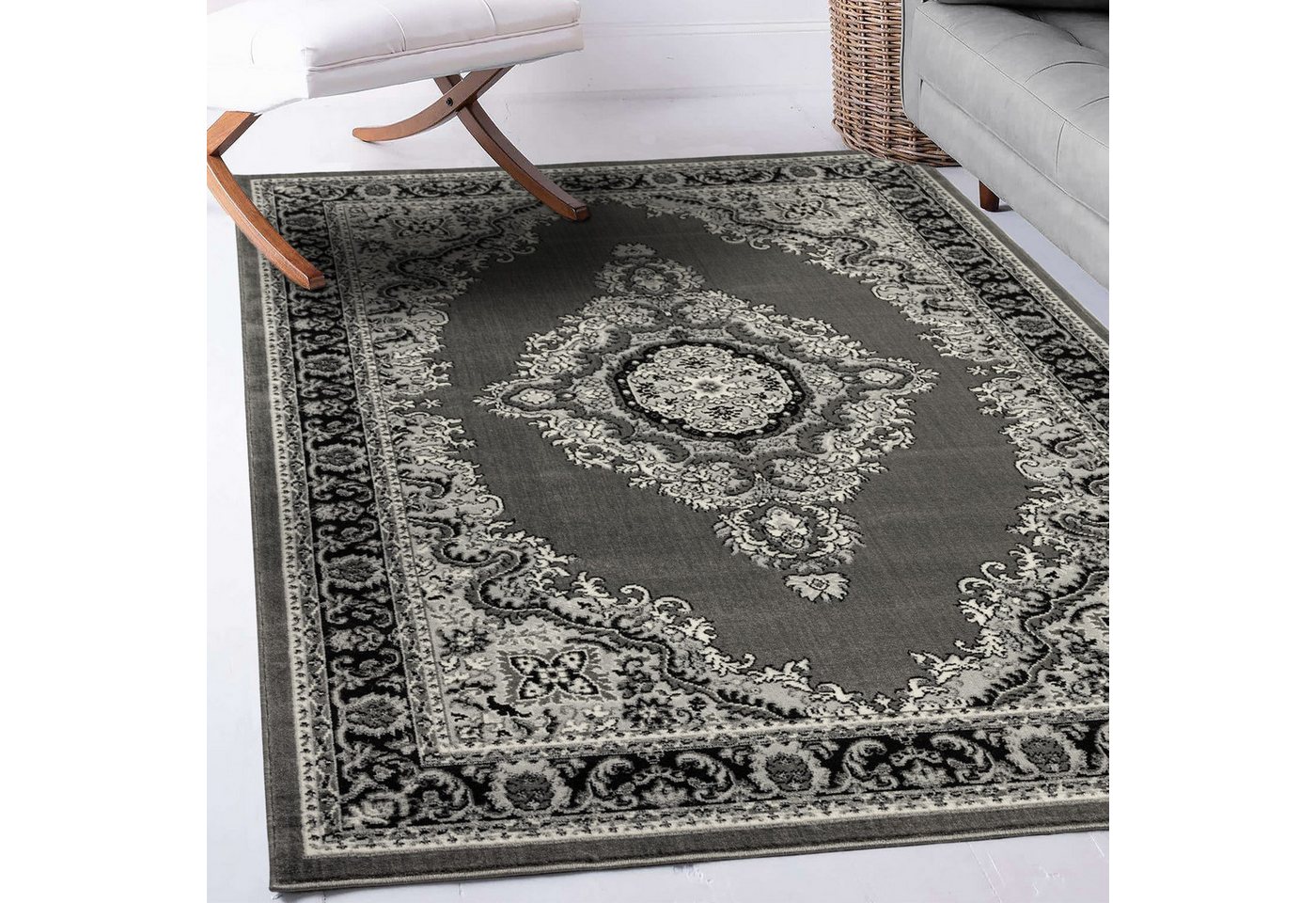 Vimoda Orientteppich Kurzflor Ornamentaler Wohnzimmerteppich, rund, Höhe: 6 mm, orientalischer klassisch Läufer, mit Bordüre, in Grau – Bild 3 von 5