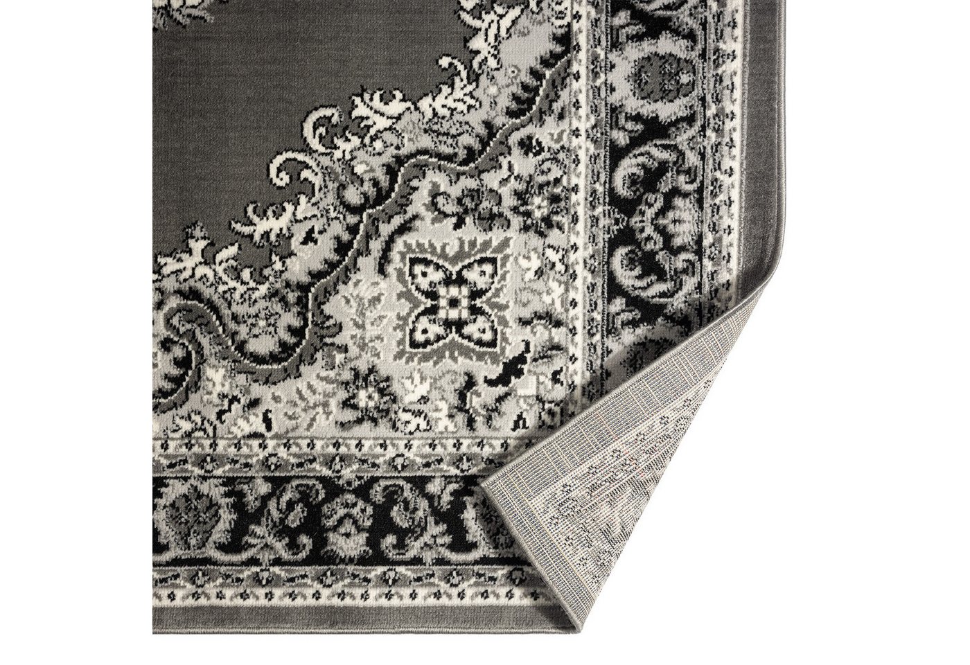 Vimoda Orientteppich Kurzflor Ornamentaler Wohnzimmerteppich, rund, Höhe: 6 mm, orientalischer klassisch Läufer, mit Bordüre, in Grau – Bild 4 von 5