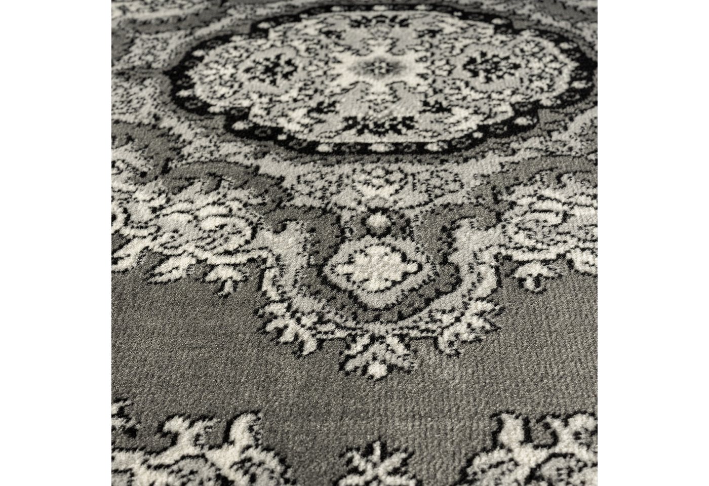 Vimoda Orientteppich Kurzflor Ornamentaler Wohnzimmerteppich, rund, Höhe: 6 mm, orientalischer klassisch Läufer, mit Bordüre, in Grau – Bild 5 von 5