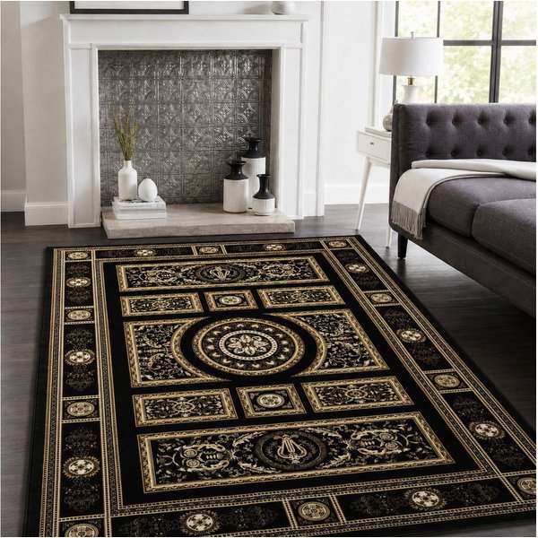 Vimoda Orientteppich Kurzflor Schwarz & Gold, Wohnzimmerteppich mit Ornament Muster, Rechteckig, Höhe: 8 mm, Bordüre, pflegeleichter Wohnzimmerteppich, schlafzi