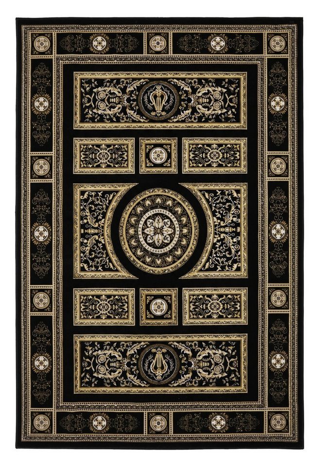 Vimoda Orientteppich Kurzflor Schwarz & Gold, Wohnzimmerteppich mit Ornament Muster, Rechteckig, Höhe: 8 mm, Bordüre, pflegeleichter Wohnzimmerteppich, schlafzi – Bild 2 von 5