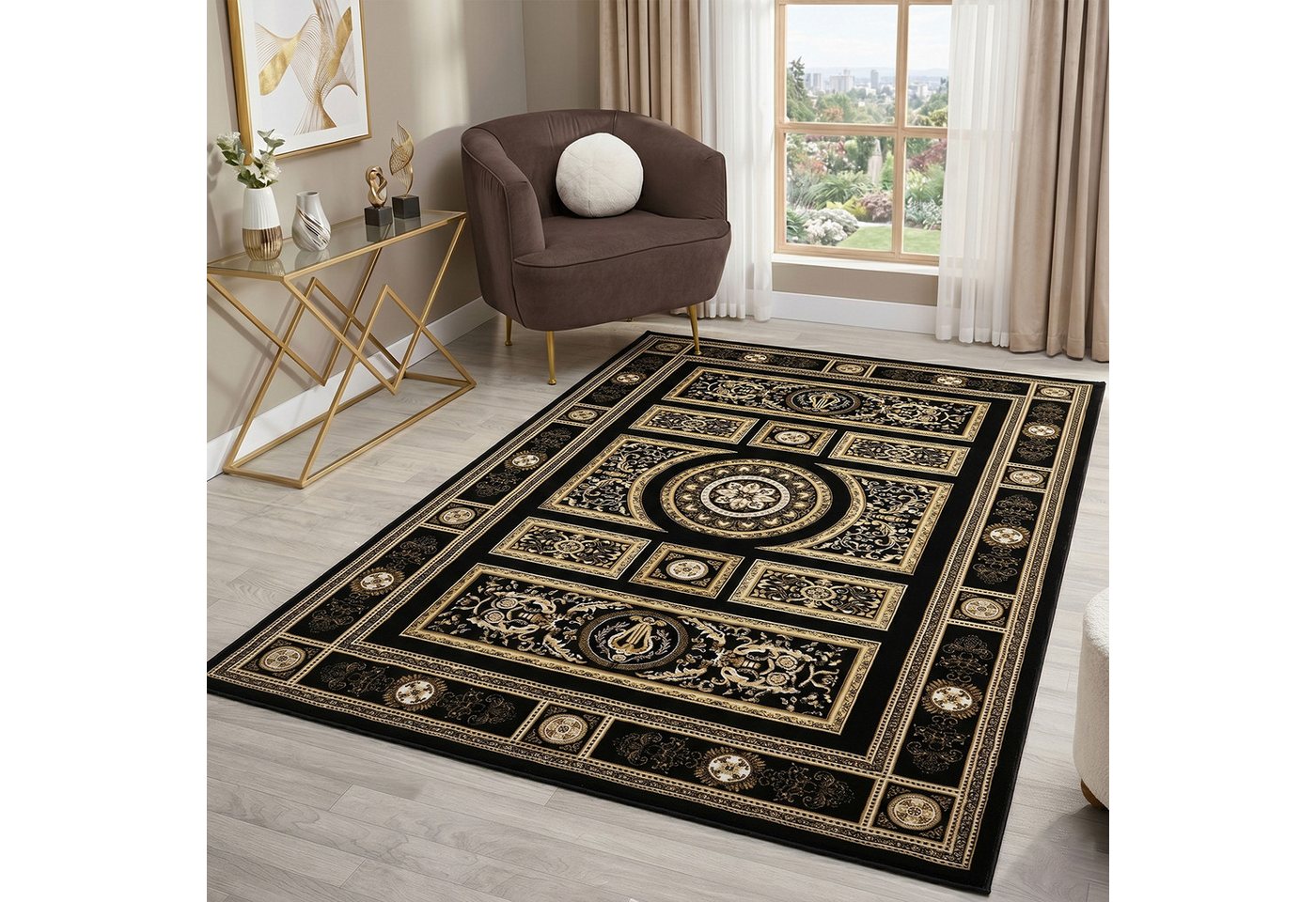 Vimoda Orientteppich Kurzflor Schwarz & Gold, Wohnzimmerteppich mit Ornament Muster, Rechteckig, Höhe: 8 mm, Bordüre, pflegeleichter Wohnzimmerteppich, schlafzi – Bild 3 von 5
