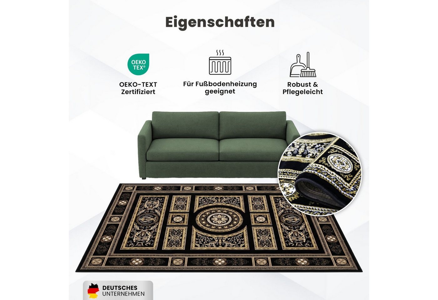 Vimoda Orientteppich Kurzflor Schwarz & Gold, Wohnzimmerteppich mit Ornament Muster, Rechteckig, Höhe: 8 mm, Bordüre, pflegeleichter Wohnzimmerteppich, schlafzi – Bild 4 von 5