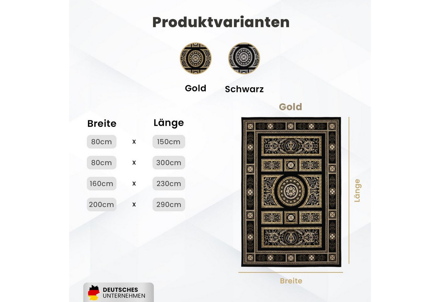 Vimoda Orientteppich Kurzflor Schwarz & Gold, Wohnzimmerteppich mit Ornament Muster, Rechteckig, Höhe: 8 mm, Bordüre, pflegeleichter Wohnzimmerteppich, schlafzi – Bild 5 von 5