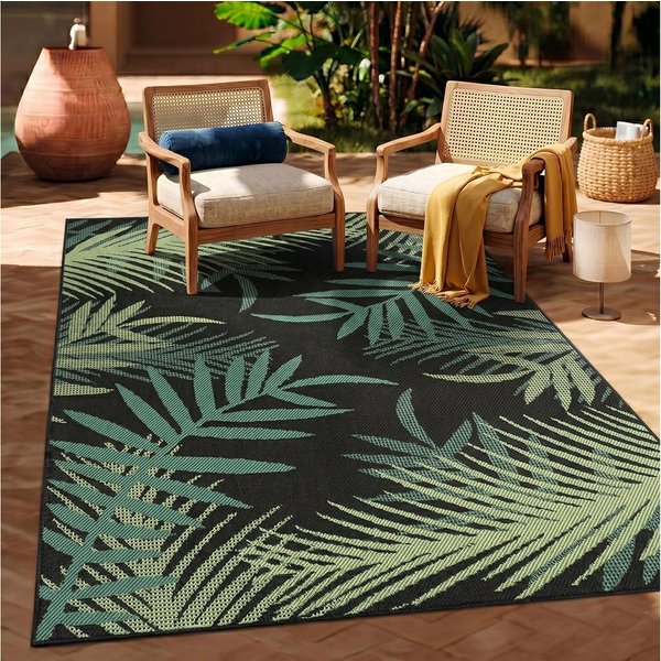 Vimoda Outdoorteppich Teppich wasserresistent In- und Outdoor Kurzflor Palmen Muster, Rechteckig, Höhe: 4.5 mm, Outdoorteppich Grün & Schwarz für Terrasse Balko