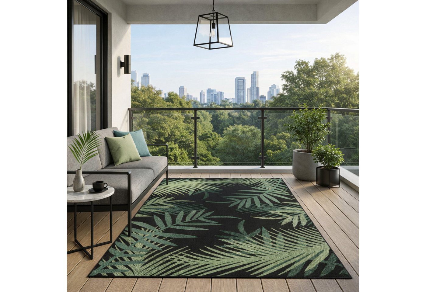 Vimoda Outdoorteppich Teppich wasserresistent In- und Outdoor Kurzflor Palmen Muster, Rechteckig, Höhe: 4.5 mm, Outdoorteppich Grün & Schwarz für Terrasse Balko – Bild 3 von 5