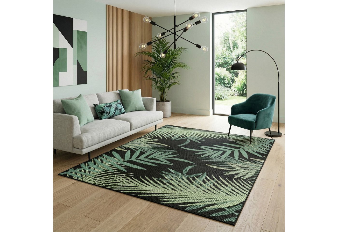 Vimoda Outdoorteppich Teppich wasserresistent In- und Outdoor Kurzflor Palmen Muster, Rechteckig, Höhe: 4.5 mm, Outdoorteppich Grün & Schwarz für Terrasse Balko – Bild 4 von 5