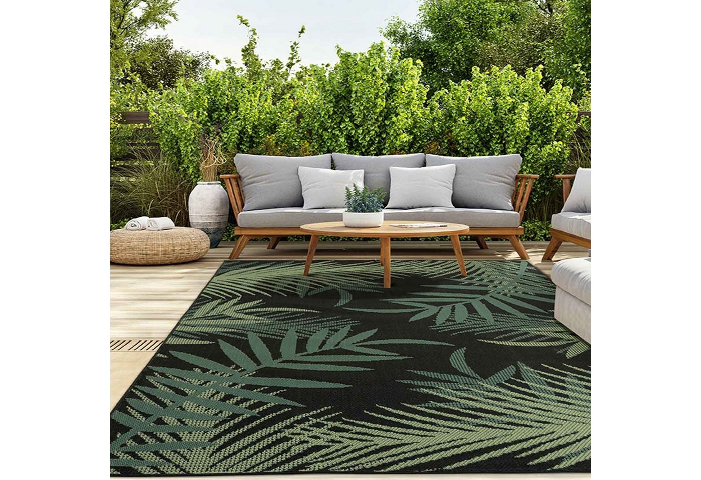 Vimoda Outdoorteppich Teppich wasserresistent In- und Outdoor Kurzflor Palmen Muster, Rechteckig, Höhe: 4.5 mm, Outdoorteppich Grün & Schwarz für Terrasse Balko – Bild 5 von 5