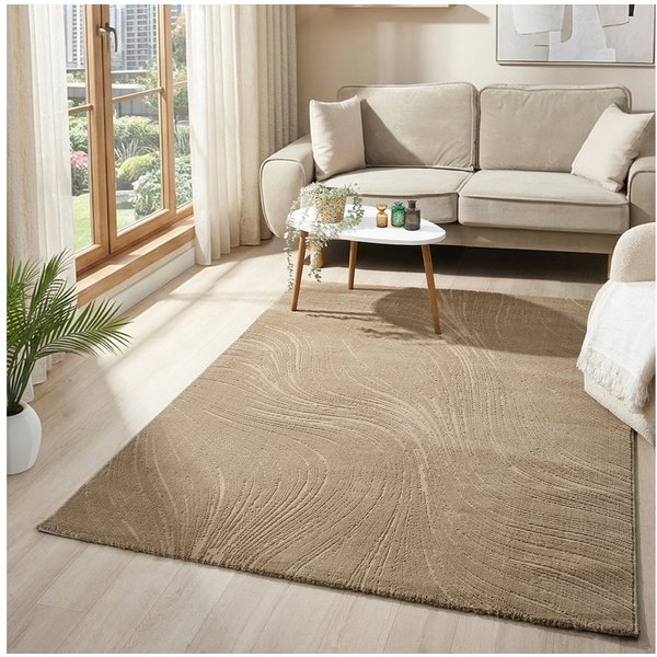 Vimoda Teppich Boho Design Unifarbe Hoch-Tief-Effekt, Rechteckig, Höhe: 6 mm, Teppich 3D Hoch-Tief-Effekt Modern für Esszimmer, Flur & Schlafzimmer
