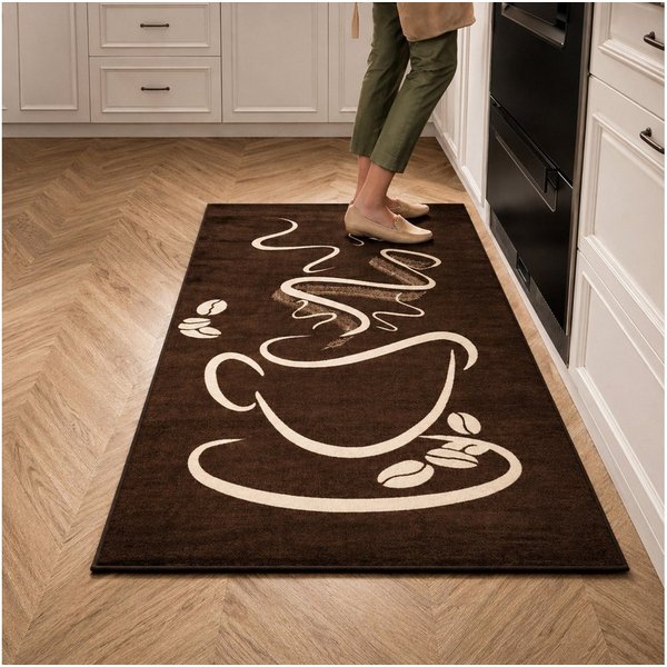 Vimoda Teppich Küchenteppich, Trendiger Kaffee Teppich in Schwarz, Grau & Braun, Rechteckig, Höhe: 5 mm, Küchenteppiche, Cappuccino, Kaffee, Tasse, Esszimmer, K