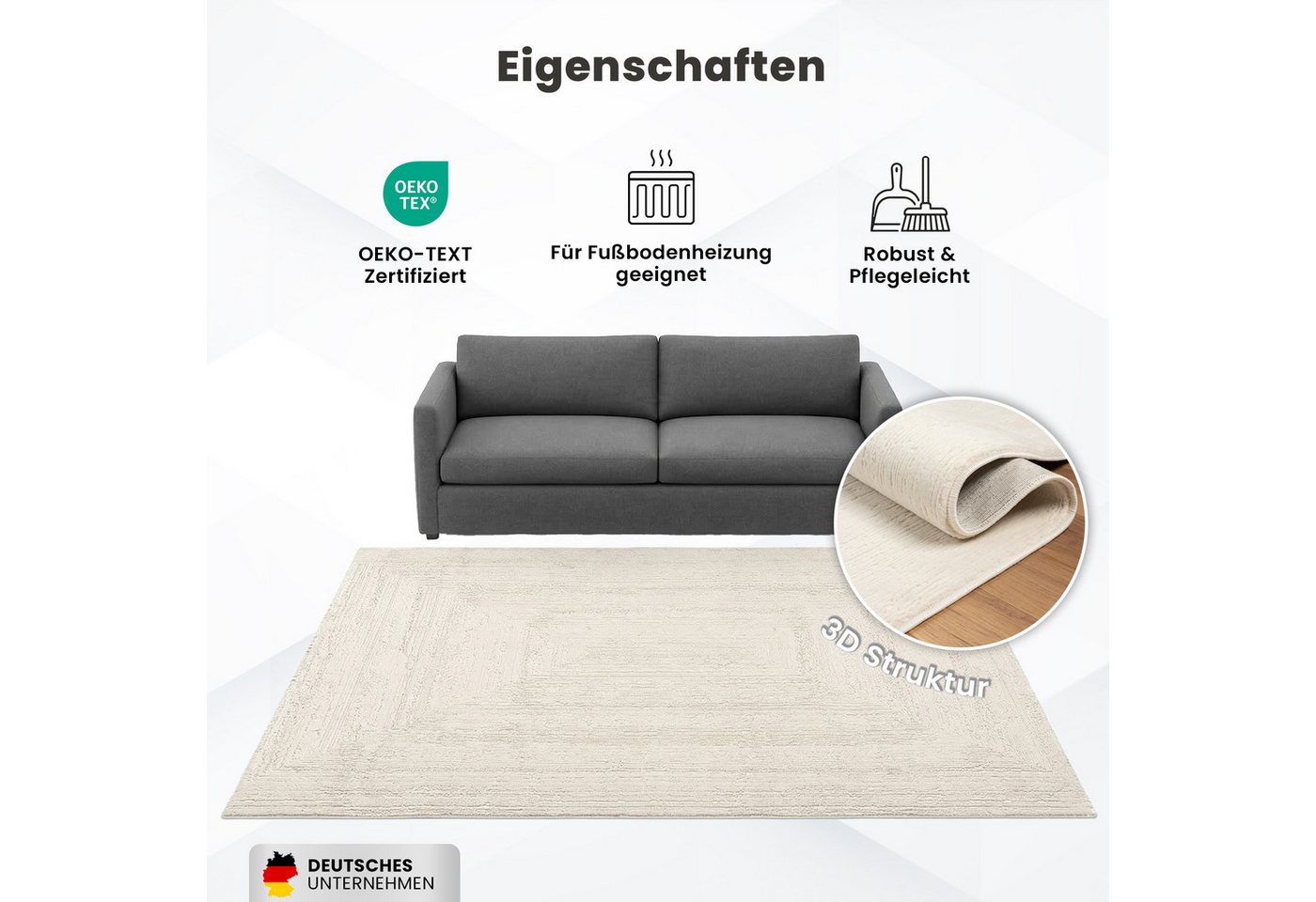 Vimoda Teppich Neuer moderner Premium-Designteppich fürs Wohnzimmer, Rechteckig, Höhe: 11 mm, Teppich Wohnzimmer 3D effekt Boho Einfarbig hoch-tief Bordüre – Bild 4 von 5
