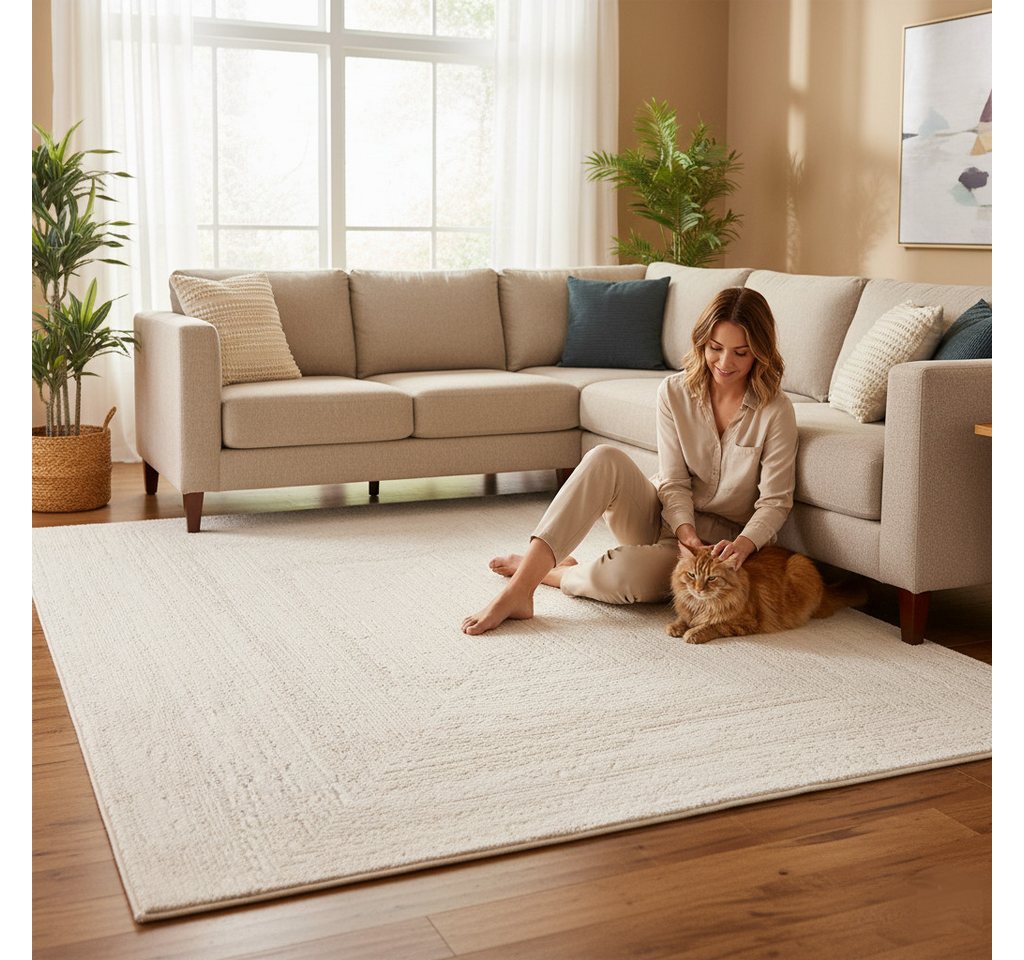Vimoda Teppich Neuer moderner Premium-Designteppich fürs Wohnzimmer, Rechteckig, Höhe: 11 mm, Teppich Wohnzimmer 3D effekt Boho Einfarbig hoch-tief Bordüre – Bild 5 von 5