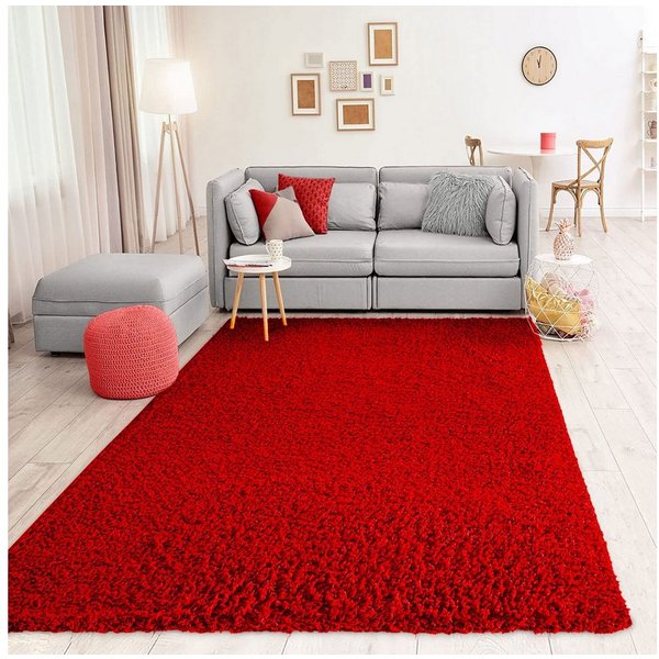 Vimoda Teppich Shaggy, Hochflor-Teppich Wohnzimmer in Rot, Rund, Höhe: 30 mm, Langflor, Läufer, Einfarbig, Schlafzimmer, Kinderzimmer, klassisch