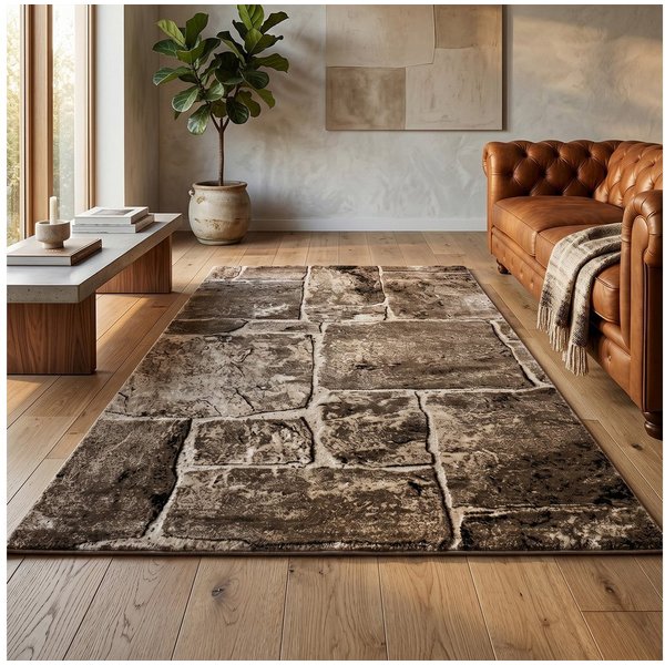 Vimoda Teppich Teppichwohnzimmer Motiv Granit Optik dicht, weich, Rechteckig, Höhe: 11 mm, Läufer Stein Mauer Optik in Beige Braun