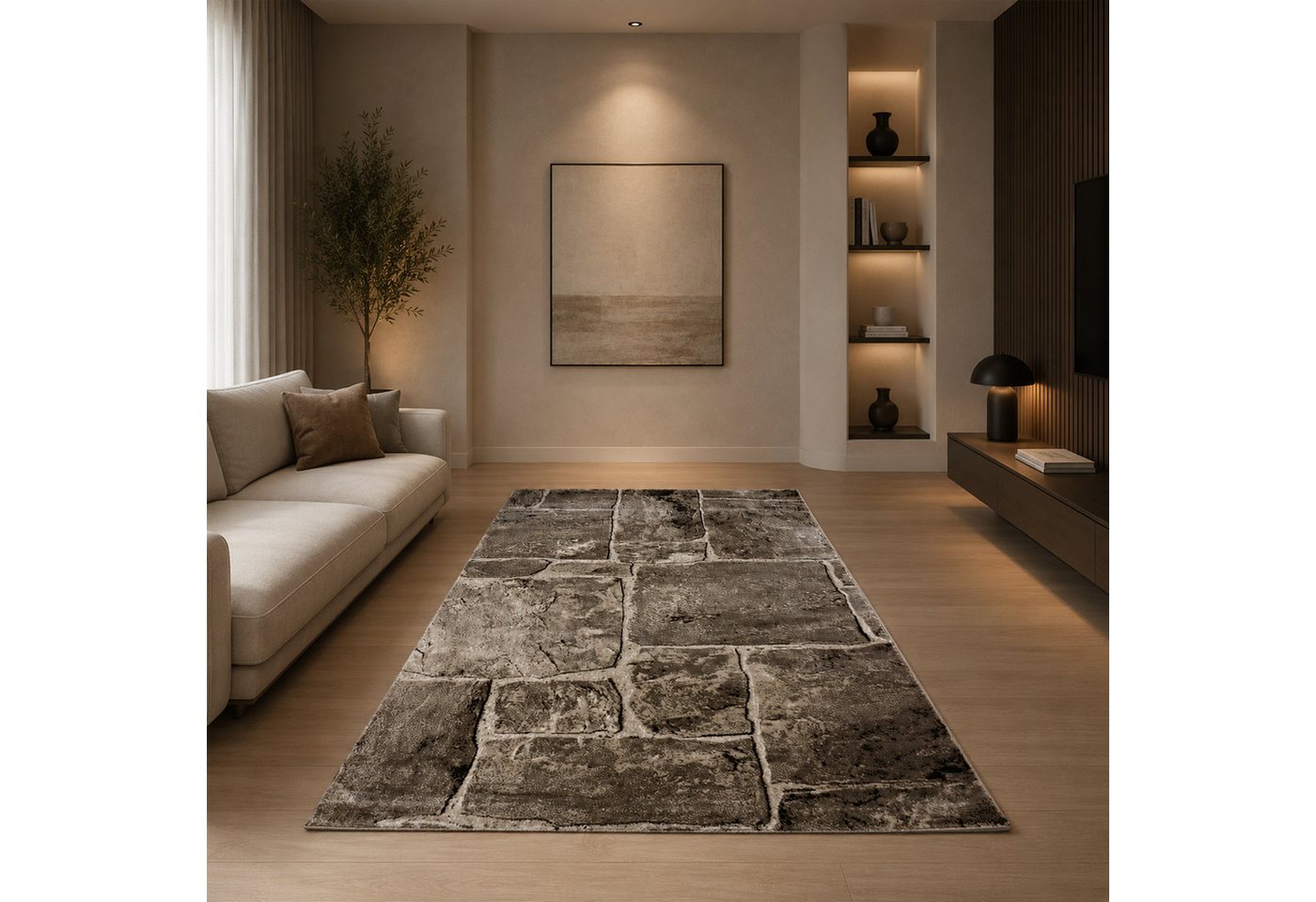 Vimoda Teppich Teppichwohnzimmer Motiv Granit Optik dicht, weich, Rechteckig, Höhe: 11 mm, Läufer Stein Mauer Optik in Beige Braun – Bild 3 von 5