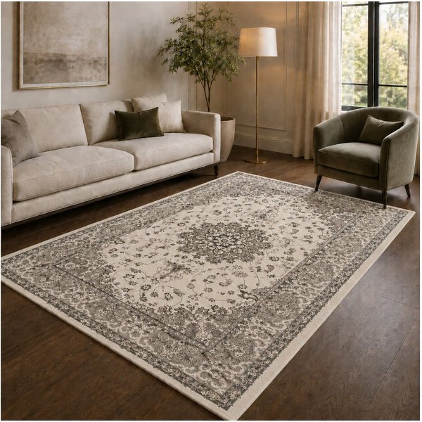 Vimoda Teppich Vero, Orientteppich Creme orientalischer Kurzflor Teppich, Rechteckig, Höhe: 10 mm, Ornament Muster, Pflegeleicht, weich, Wohnzimmer, Schlafzimme