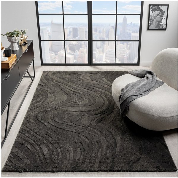 Vimoda Teppich Wellenmuster, modernerer Design, dicht & weich, Rechteckig, Höhe: 11 mm, Uni, Läufer Anthrazit 3D Motiv, Wohnzimmer, Schlafzimmer
