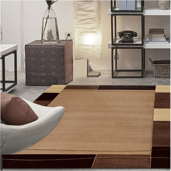 Vimoda Teppich Teppich Wohnzimmer Beige Klassiker Kurzflor dich gewebt, Rechteckig, Höhe: 13 mm, Teppich mit Bordürenmotiv braun beige und Konturenschnitt