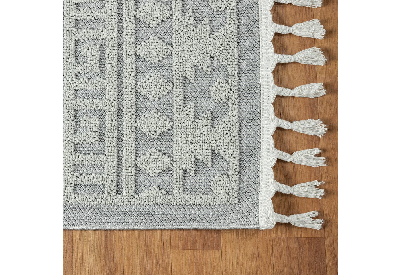 Vimoda Teppich Wohnzimmer Boho Skandi Frisé-Teppich, Rechteck, In & Outdoorteppich,Hoch Tief,3D, Balkon,Küchenteppich,Flur,Creme – Bild 4 von 5