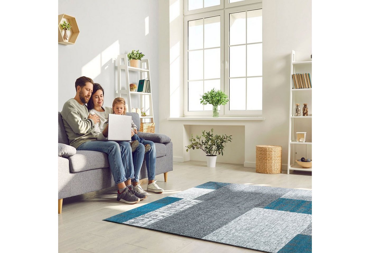 Vimoda Teppich Wohnzimmer Klassisch Karo- kariert Design, Rechteckig, Höhe: 5 mm, Läufer Kachel Optik in Türkis Grau Gelb & Lila Teppich Schlafzimmer – Bild 3 von 5