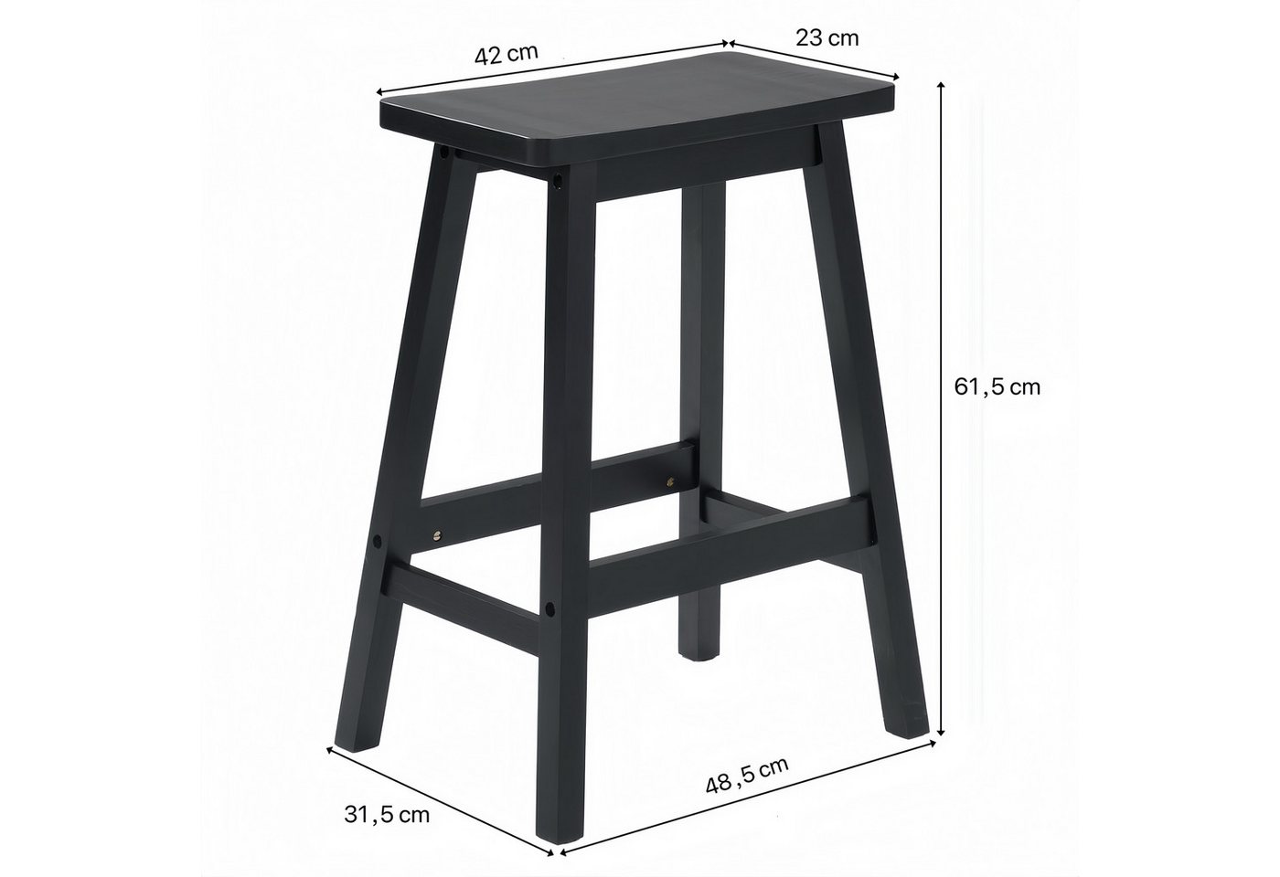 VINGLI Barhocker 2er Set aus Kiefernholz mit Sattelsitz, Ergonomisch, bis 120 kg, Ideal für Küche, Bar und Terrasse, Schwarz/Naturholzfarbe – Bild 2 von 5