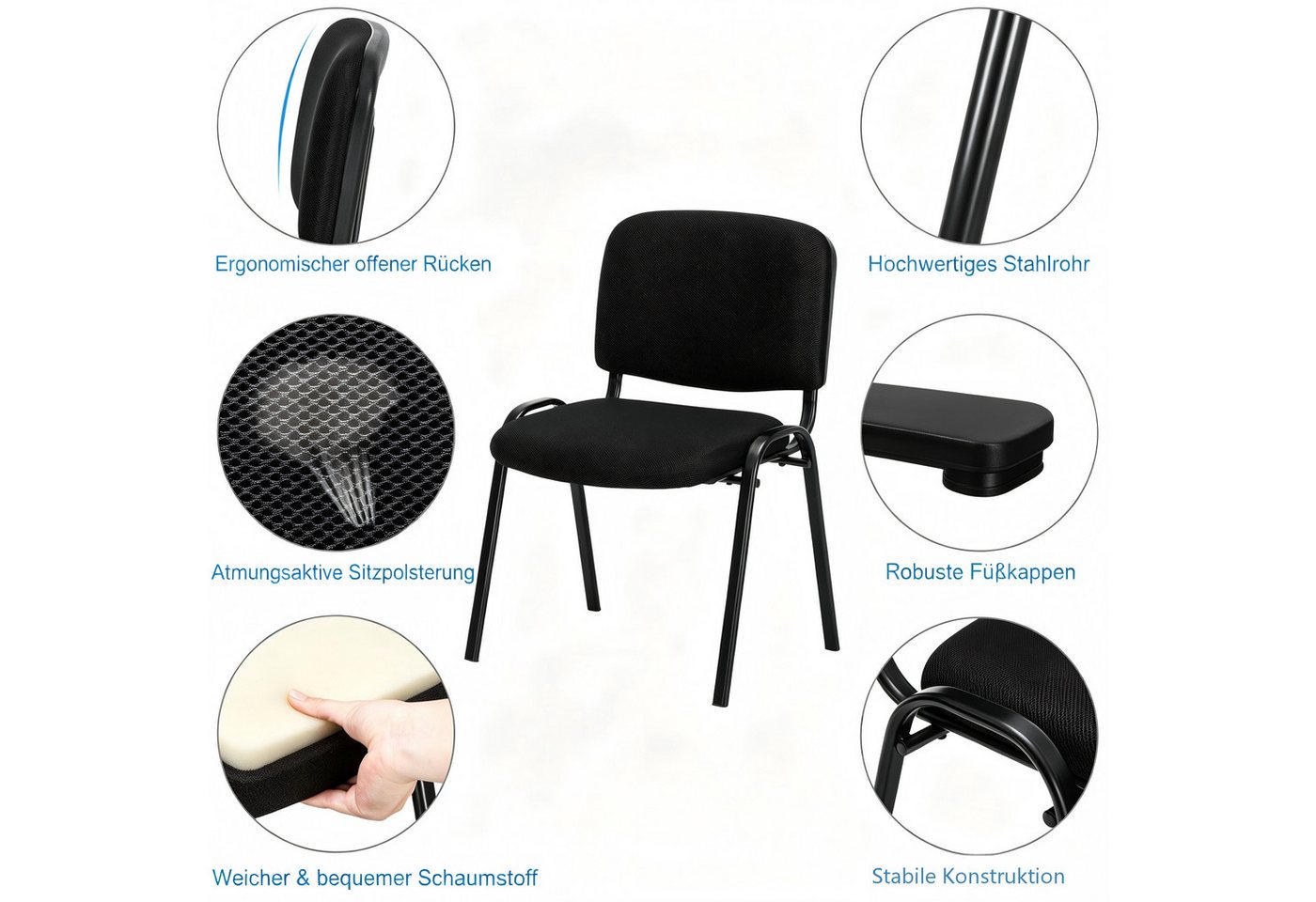 VINGLI Besucherstuhl 5er-Set, Stapelbar, Armlos, 150 kg Belastbarkeit, Stapelstuhl (5 St), Mesh & Stahlrahmen, Bürostühle für Empfang & Wartezimmer, Schwarz – Bild 3 von 5