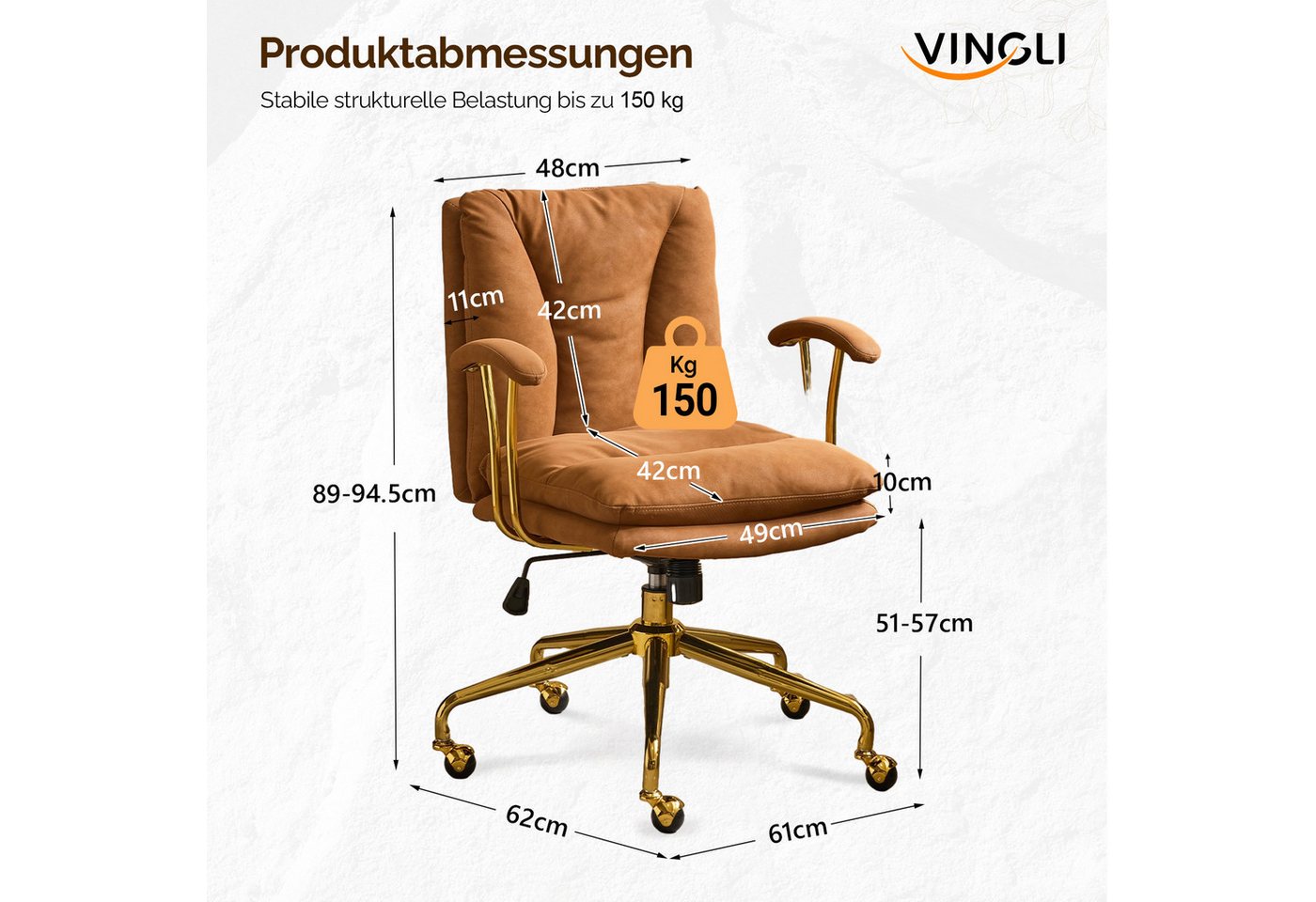 VINGLI Bürostuhl Ergonomisch, Schreibtischstuhl mit Goldenen Armlehnen, Chefsessel – Bild 2 von 5