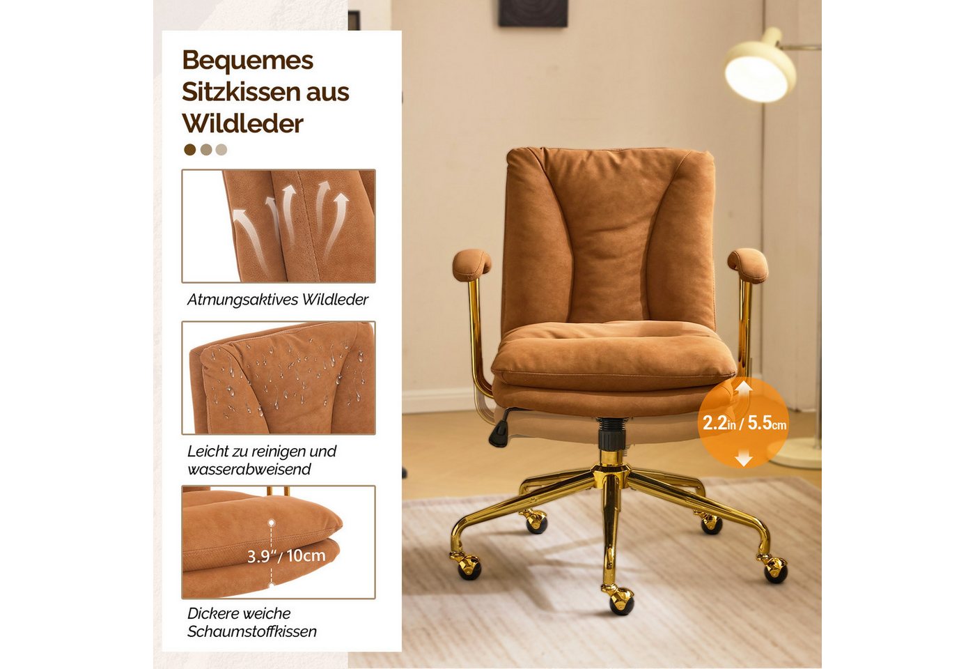 VINGLI Bürostuhl Ergonomisch, Schreibtischstuhl mit Goldenen Armlehnen, Chefsessel – Bild 3 von 5
