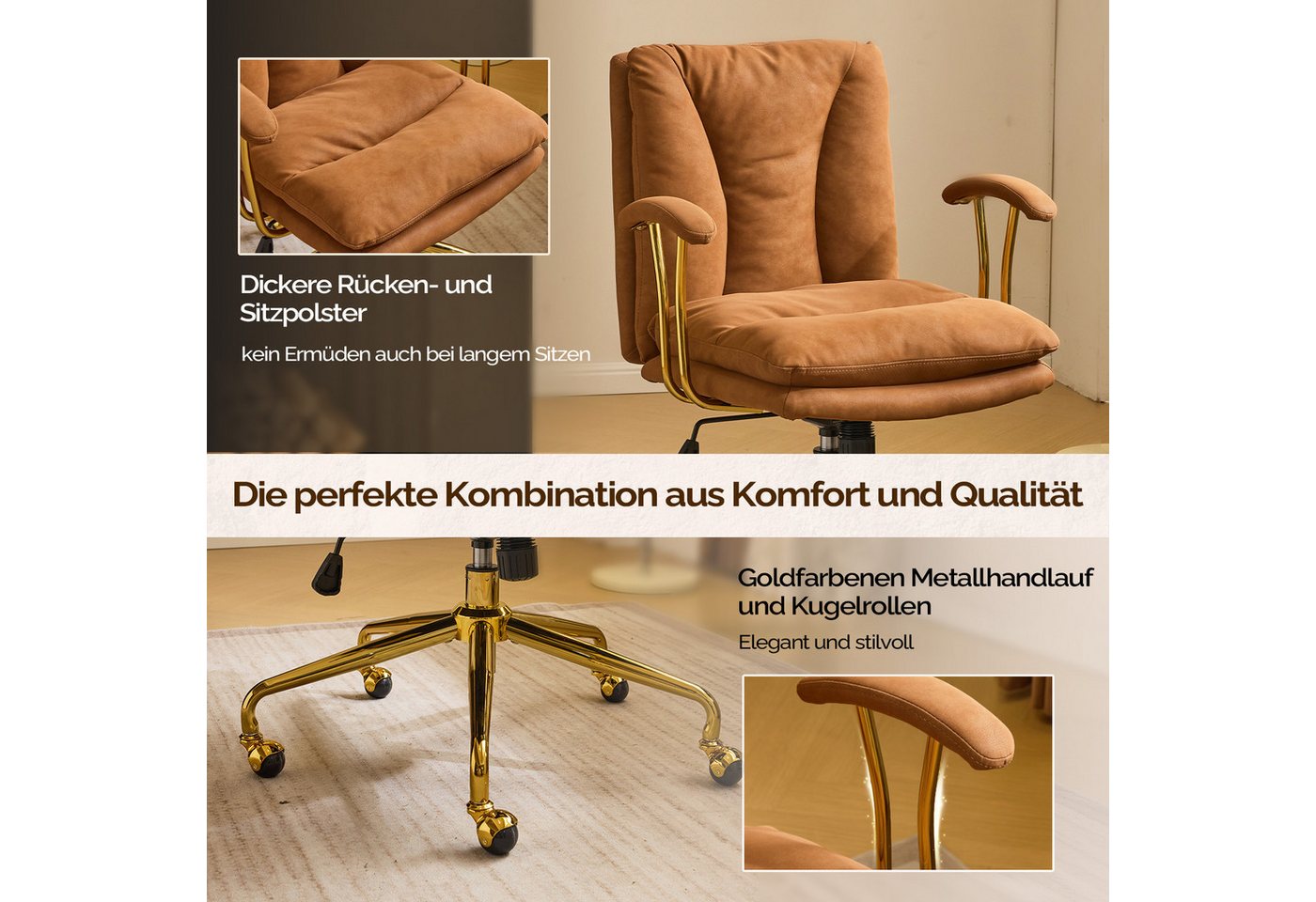 VINGLI Bürostuhl Ergonomisch, Schreibtischstuhl mit Goldenen Armlehnen, Chefsessel – Bild 4 von 5