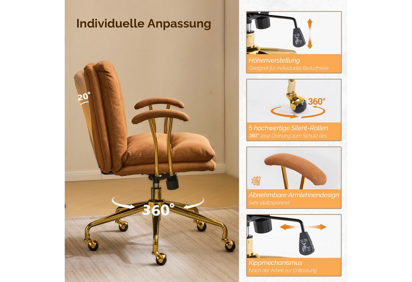 VINGLI Bürostuhl Ergonomisch, Schreibtischstuhl mit Goldenen Armlehnen, Chefsessel – Bild 5 von 5