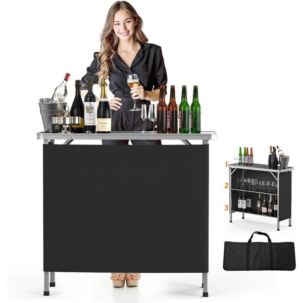 VINGLI Campingtisch aus Aluminium, Klappbarer Outdoor Bartisch, inkl. Tragetasche, 3-stufige Ablage mit Oxford-Stoff, 100,5 × 38 × 87,5 cm, bis 50 kg