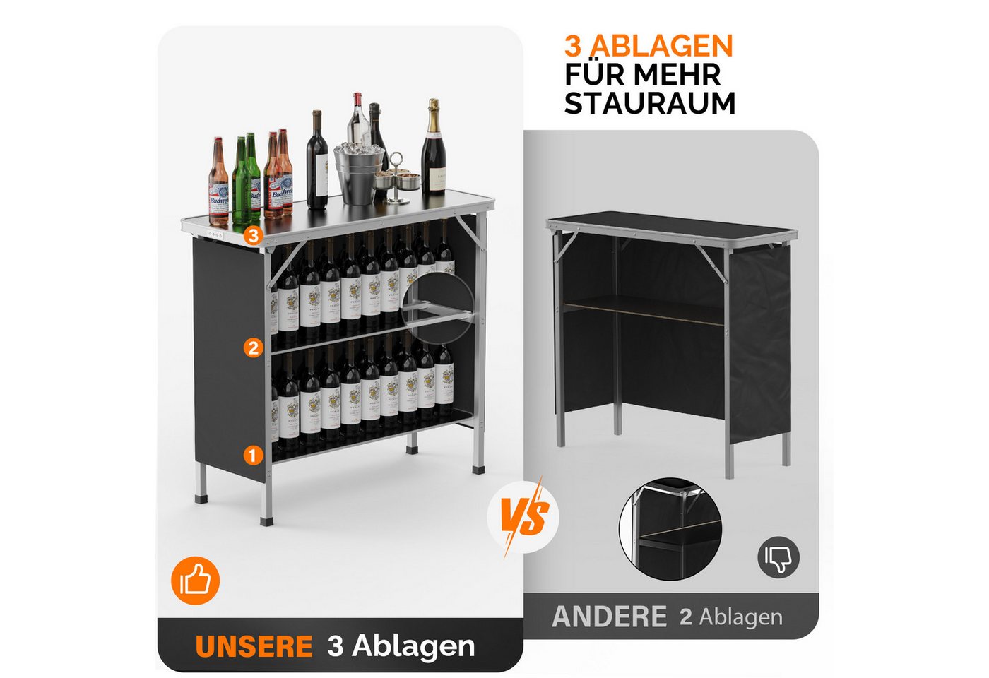 VINGLI Campingtisch aus Aluminium, Klappbarer Outdoor Bartisch, inkl. Tragetasche, 3-stufige Ablage mit Oxford-Stoff, 100,5 × 38 × 87,5 cm, bis 50 kg – Bild 3 von 5