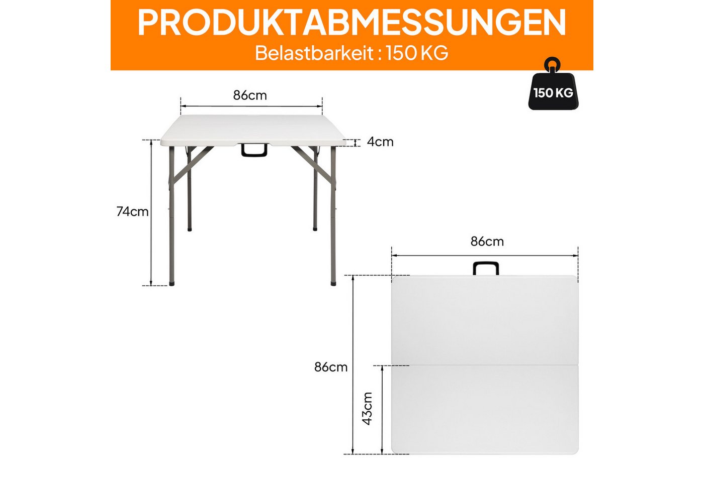 VINGLI Campingtisch Klapptisch, Gartentisch Wetterfest, Balkontisch Klappbar, als Beistelltisch Outdoor, bis 150 kg, 86x86x74 cm, Weiß/Schwarz – Bild 2 von 5