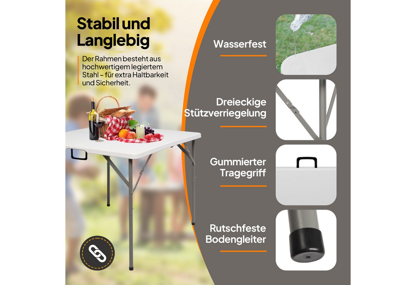 VINGLI Campingtisch Klapptisch, Gartentisch Wetterfest, Balkontisch Klappbar, als Beistelltisch Outdoor, bis 150 kg, 86x86x74 cm, Weiß/Schwarz – Bild 3 von 5
