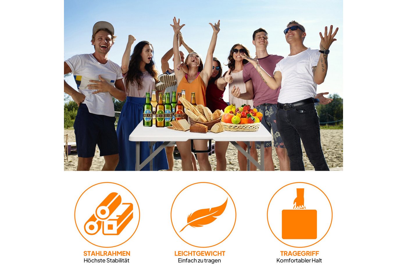 VINGLI Campingtisch Klapptisch, Gartentisch Wetterfest, Balkontisch Klappbar, als Beistelltisch Outdoor, bis 150 kg, 86x86x74 cm, Weiß/Schwarz – Bild 4 von 5