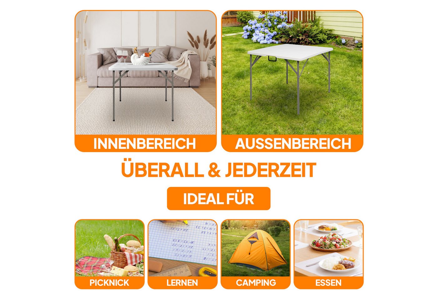 VINGLI Campingtisch Klapptisch, Gartentisch Wetterfest, Balkontisch Klappbar, als Beistelltisch Outdoor, bis 150 kg, 86x86x74 cm, Weiß/Schwarz – Bild 5 von 5