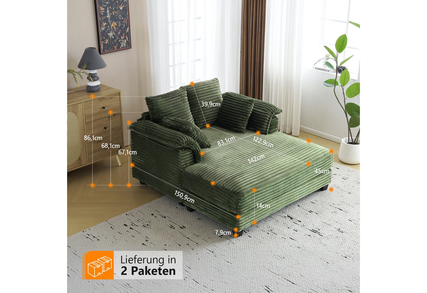 VINGLI Chaiselongue 2-Sitzer Cord Schlafsofa, Breite 142cm, Loungesofa mit Schlaffsunktion, Großer Chaiselongue-Sessel für Wohnzimmer, Schlafzimmer oder Büro – Bild 2 von 5