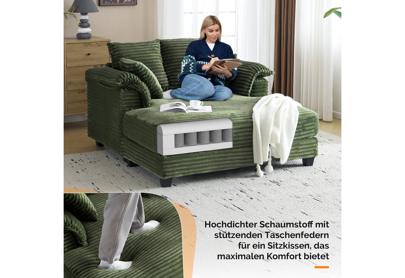 VINGLI Chaiselongue 2-Sitzer Cord Schlafsofa, Breite 142cm, Loungesofa mit Schlaffsunktion, Großer Chaiselongue-Sessel für Wohnzimmer, Schlafzimmer oder Büro – Bild 3 von 5