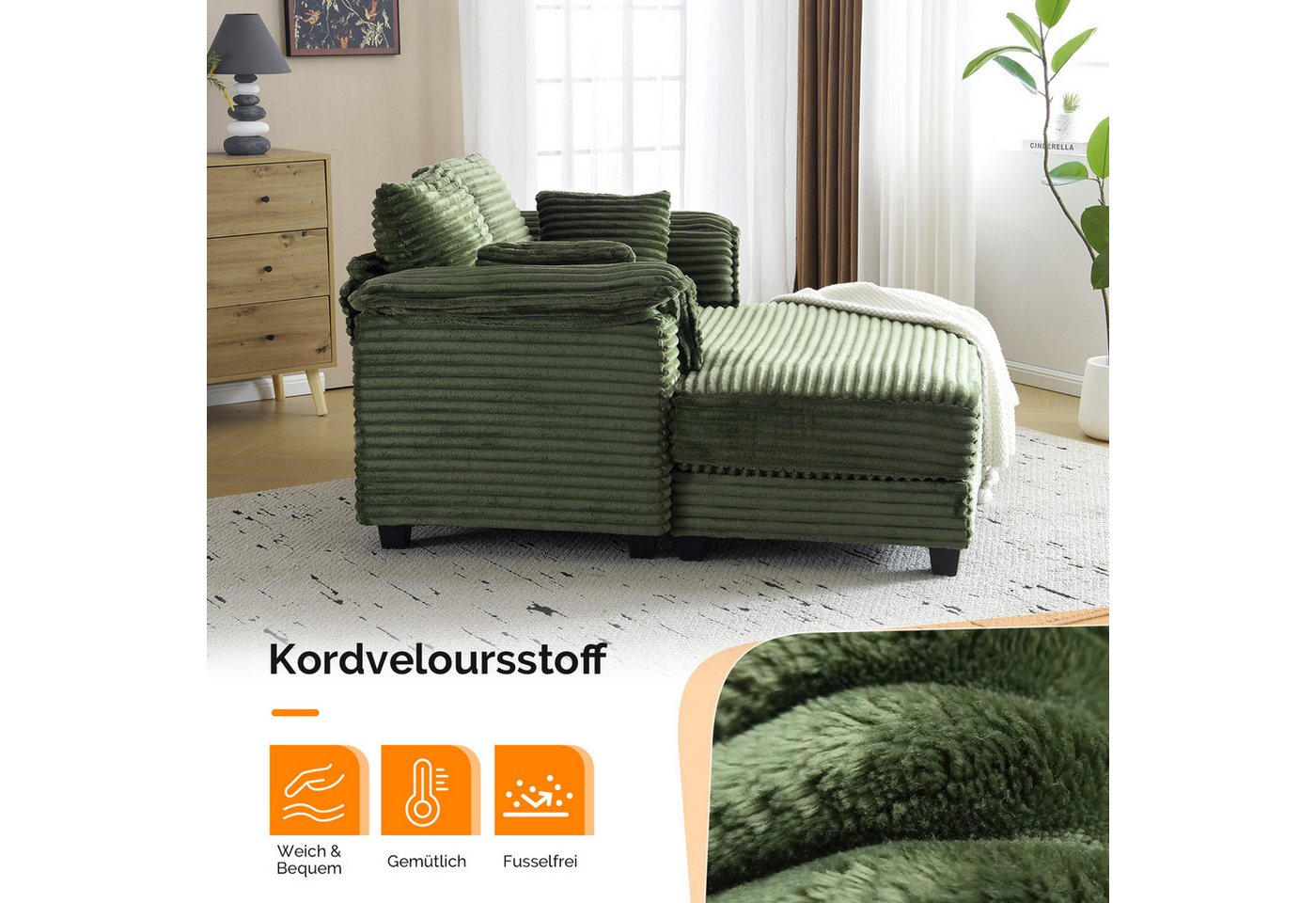 VINGLI Chaiselongue 2-Sitzer Cord Schlafsofa, Breite 142cm, Loungesofa mit Schlaffsunktion, Großer Chaiselongue-Sessel für Wohnzimmer, Schlafzimmer oder Büro – Bild 4 von 5
