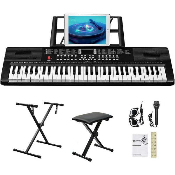 VINGLI Digitalpiano 61-Tasten Keyboard Piano Set mit Klavierständer, Klavierhocker, tragbar, LED-Bildschirm, 3 Lehrmodi, Schwarz/Weiß/Rosa