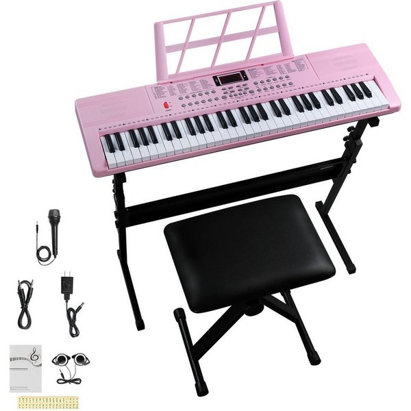VINGLI Digitalpiano 61-Tasten Keyboard Piano Set mit Klavierständer, Klavierhocker, tragbar, LED-Bildschirm, 3 Lehrmodi, Schwarz/Weiß/Rosa