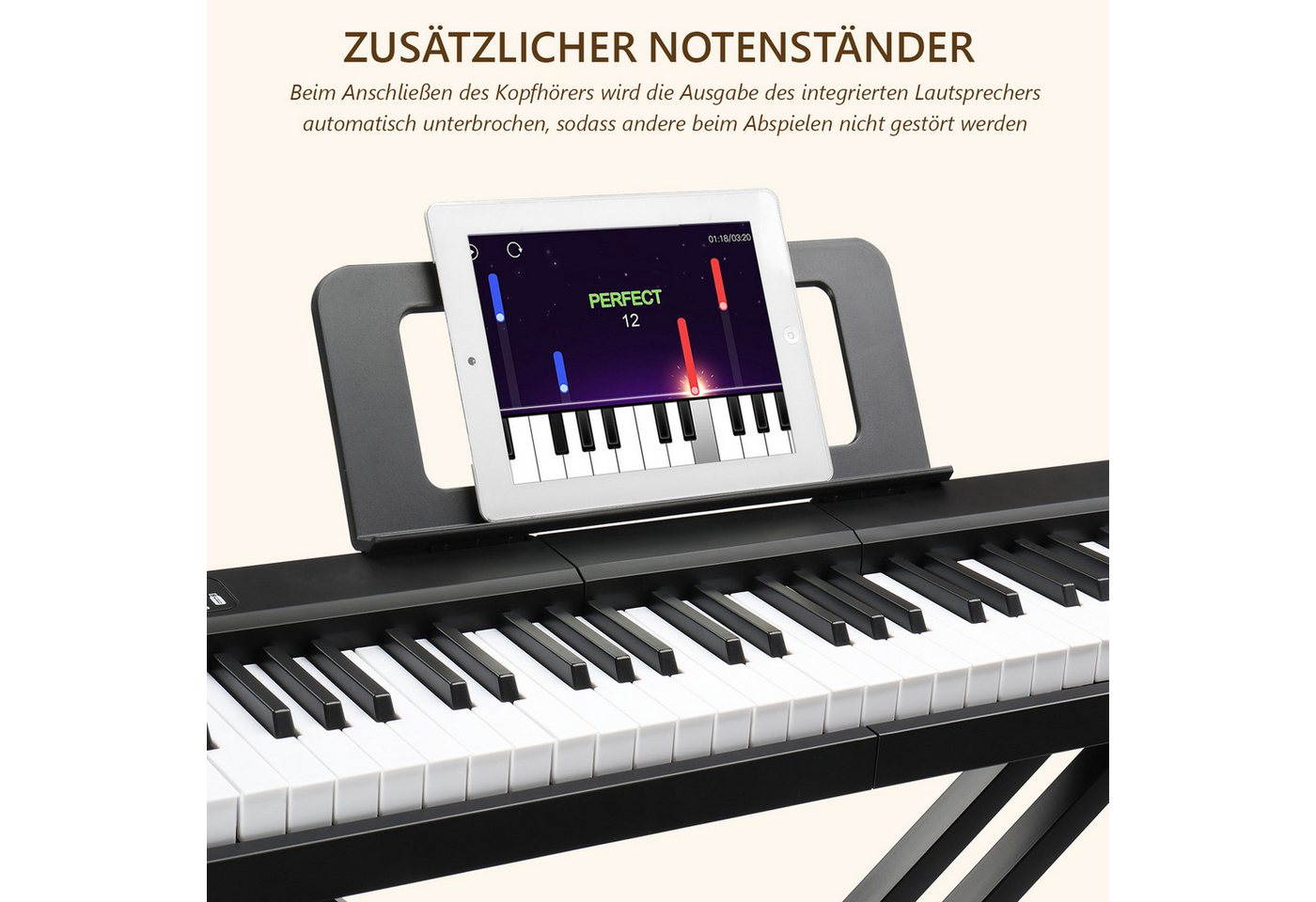 VINGLI Digitalpiano E Piano 88 Tasten, Digitalpiano Semi-Gewichtete Tastatur, Dual-Bluetooth, Sustain-Pedal-System, mit/ohne Ständer, Schwarz/Weiß – Bild 4 von 5