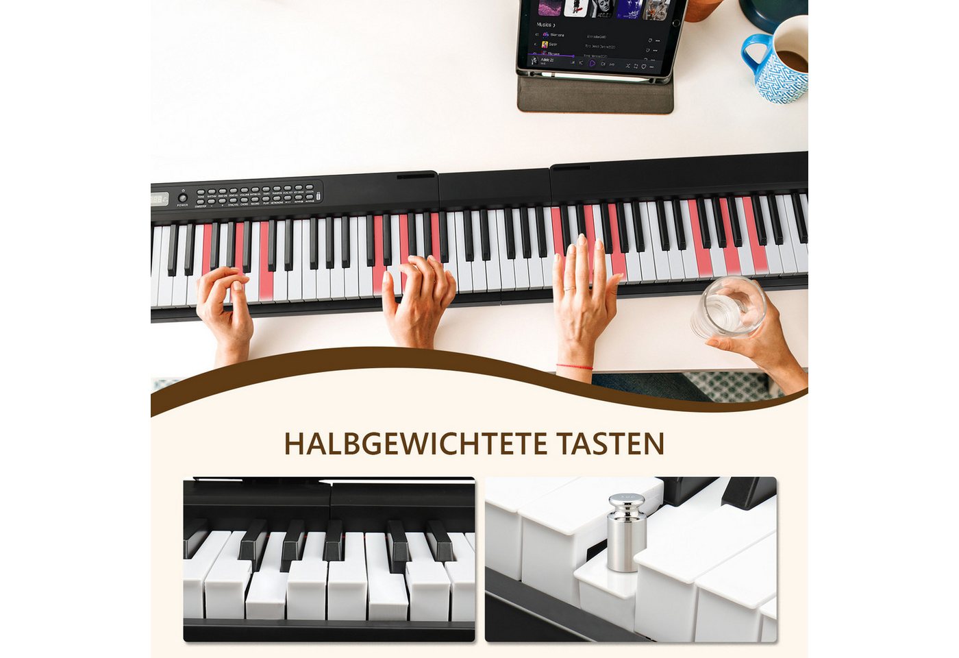VINGLI Digitalpiano E Piano 88 Tasten, Digitalpiano Semi-Gewichtete Tastatur, Dual-Bluetooth, Sustain-Pedal-System, mit/ohne Ständer, Schwarz/Weiß – Bild 5 von 5