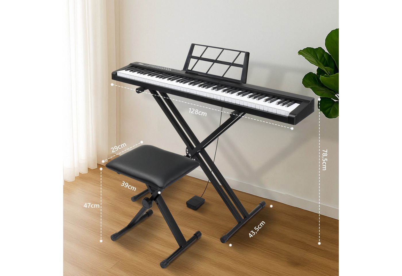 VINGLI Digitalpiano E Piano 88 Tasten, Digitalpiano Semi-Gewichtete Tastatur, Dual-Bluetooth, Sustain-Pedal-System, mit/ohne Ständer, Schwarz/Weiß – Bild 2 von 5