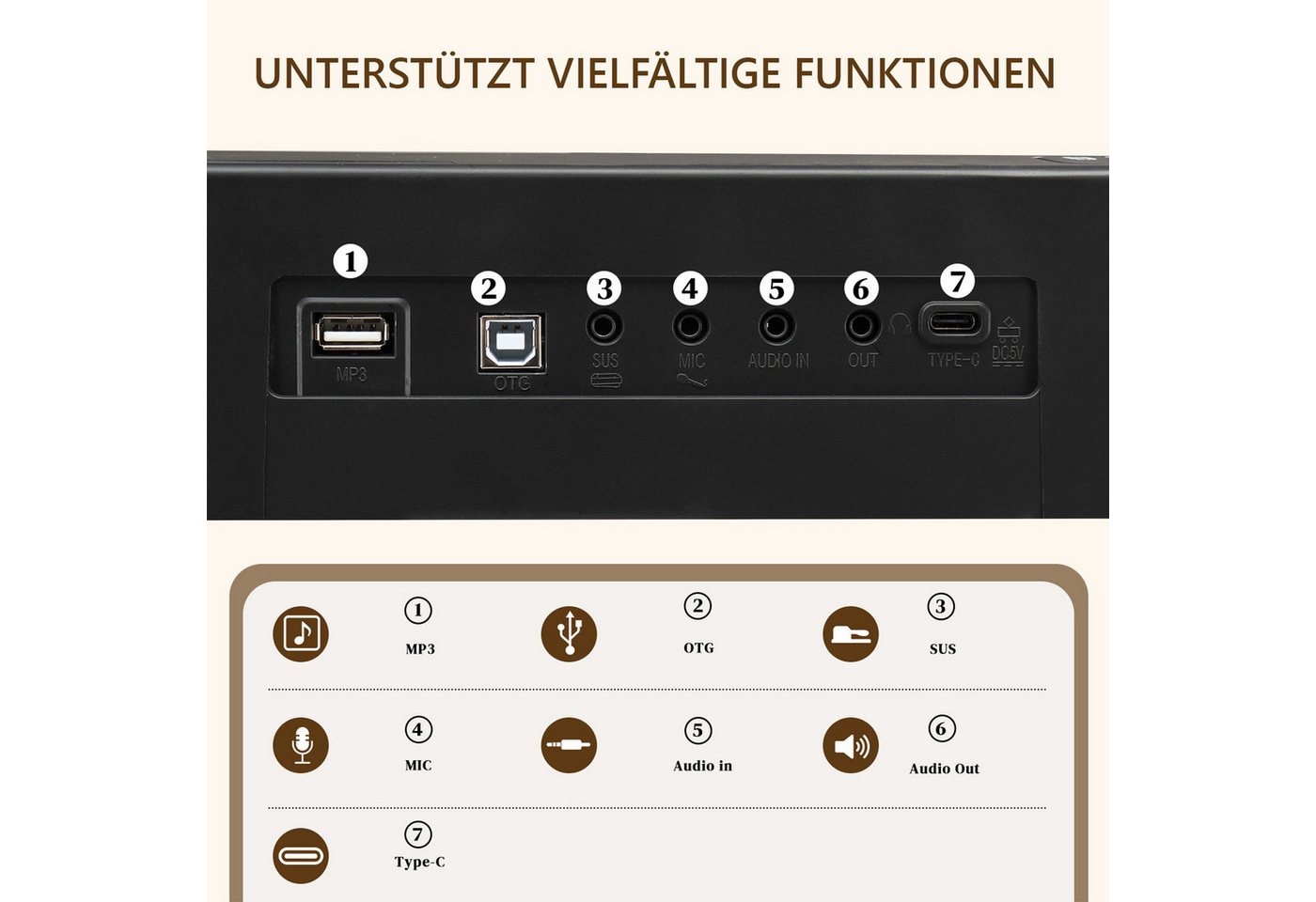 VINGLI Digitalpiano E Piano 88 Tasten, Digitalpiano Semi-Gewichtete Tastatur, Dual-Bluetooth, Sustain-Pedal-System, mit/ohne Ständer, Schwarz/Weiß – Bild 3 von 5