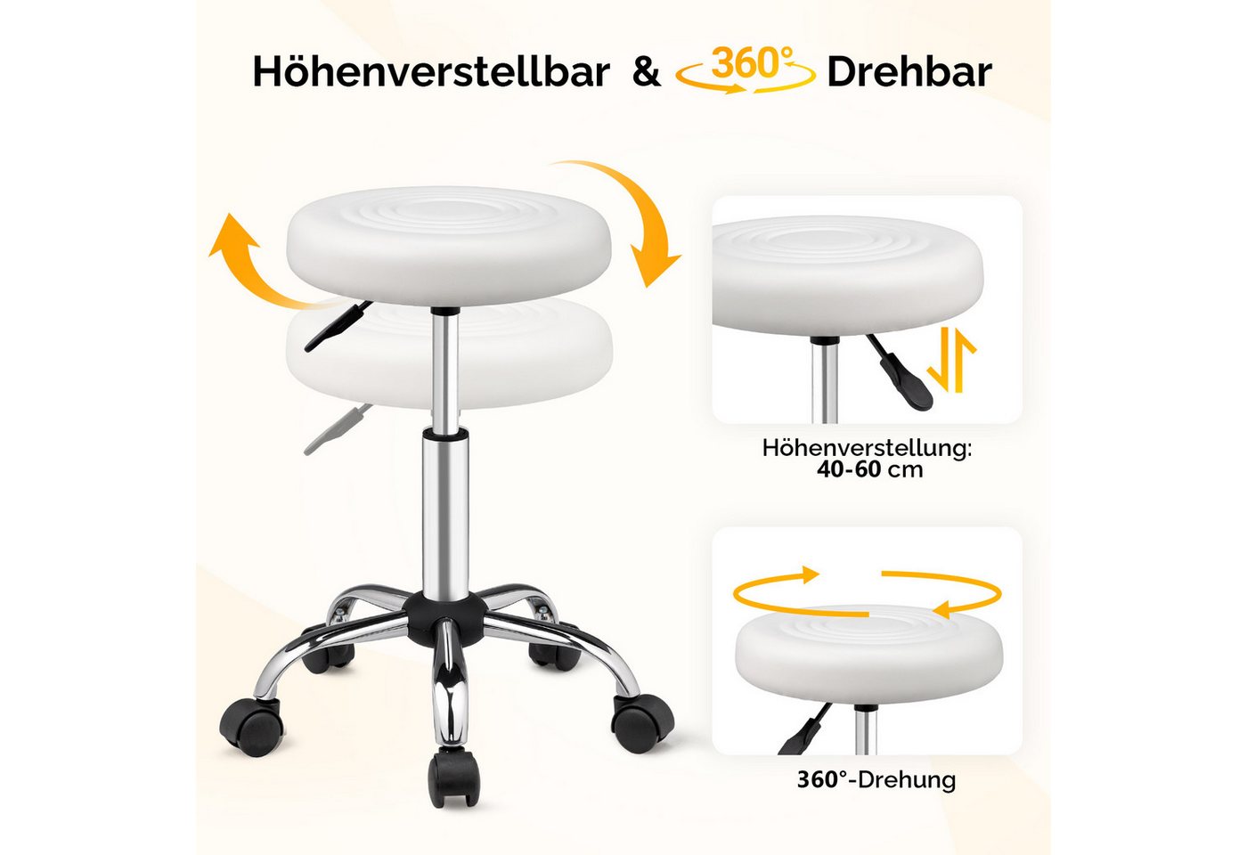 VINGLI Drehhocker Rollhocker Bürohocker Hocker mit Rädern, aus PU-Leder, Höhenverstellbar 40-60 cm,360° Drehbar, SGS Gasdruckfeder – Bild 2 von 5