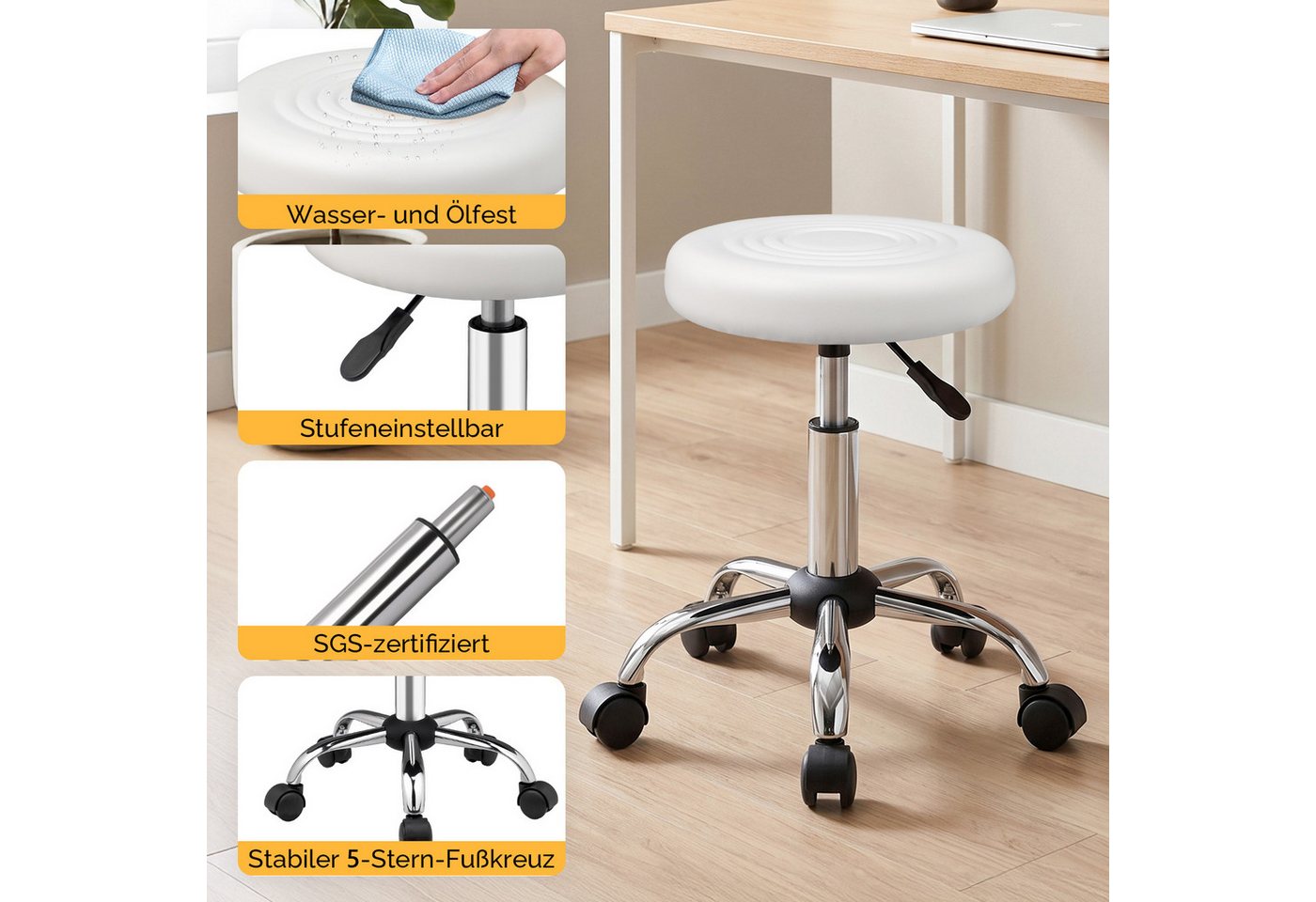 VINGLI Drehhocker Rollhocker Bürohocker Hocker mit Rädern, aus PU-Leder, Höhenverstellbar 40-60 cm,360° Drehbar, SGS Gasdruckfeder – Bild 3 von 5